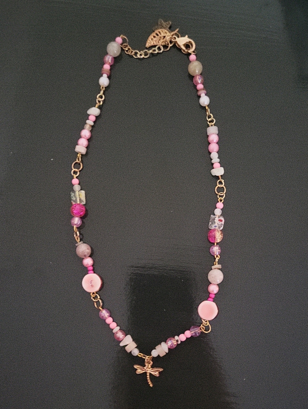Pink Beaded Dragonfly Pendant Necklace - Unbranded